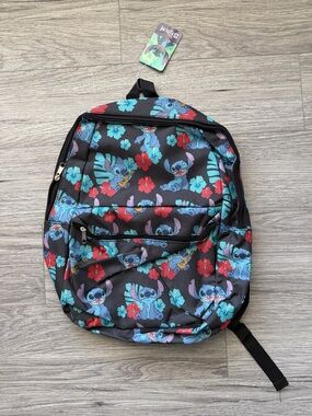 Disney Black Backpack with Blue Stitch and Red Floral Accents